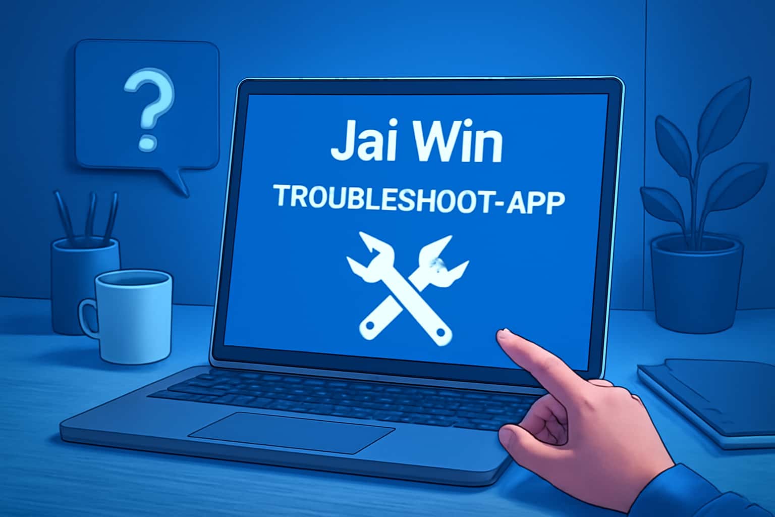 A futuristic landscape showcasing troubleshooting solutions for the Jai Win app.